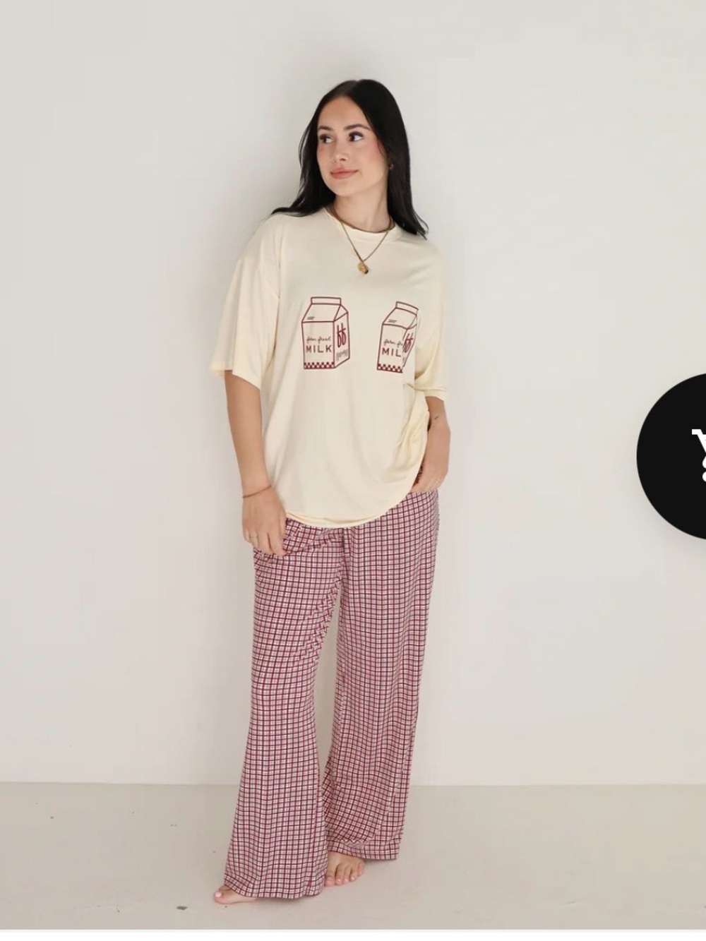NWT forever French fresh Milk-Print Sleep Tee & Burgundy Plaid Lounge Pants Set